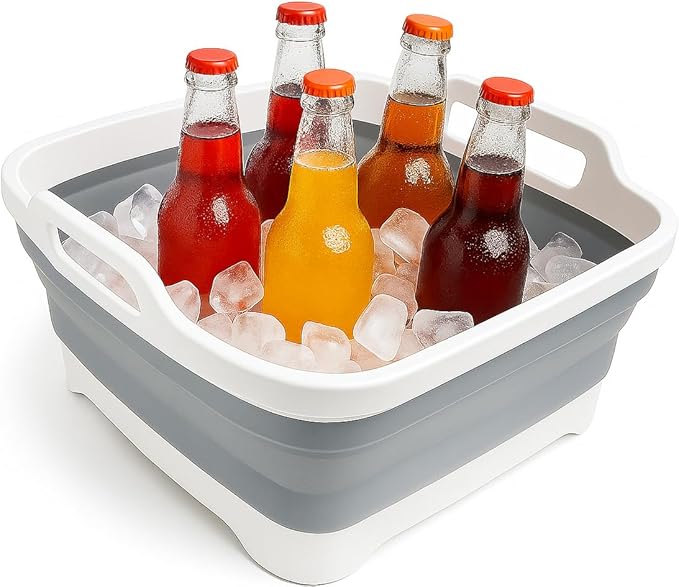 Collapsible Dish Basin - 2.4 Gal (9L) with Drain Plug – Foldable Multiuse Sink Tub for Kitchen, Camping, RV, Dishwashing & Vegetable Washing (Gray)