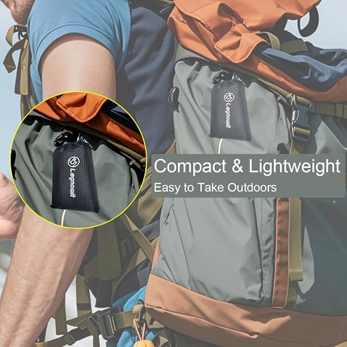 Outdoor Pocket Blanket, 55"x39" Waterproof Foldable Compact Small Pincic Blanket, Ultralight Tarp for Camping, Festival, Beach, Hiking, Backpacking, Travel and More, Stakes Included (Black)