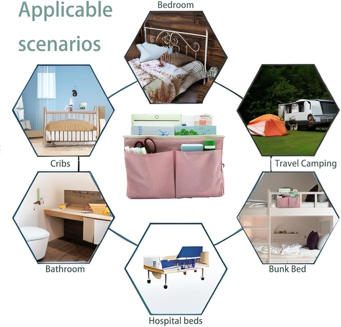 Bedside Caddy Bedside Hanging Storage Basket Multi-Function Organizer Caddy for Bunk and Hospital Beds College Dorms Bed Rails, The Magazine Holders Can be Placed Glasses Books Mobile Phones(Pink)