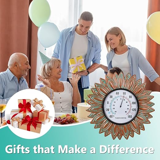 Sunflower Outdoor Thermometers, No Need Battery Indoor Themometer, 12" Metal Wall Thermometer with Large Number Easy to Read for Patio Room Decor