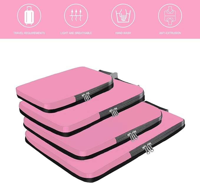 BAGAIL 4 Set/6 Set/8 Set Compression Packing Cubes Travel Accessories Expandable Packing Organizers (Cloth Pattern, 4-Pink)
