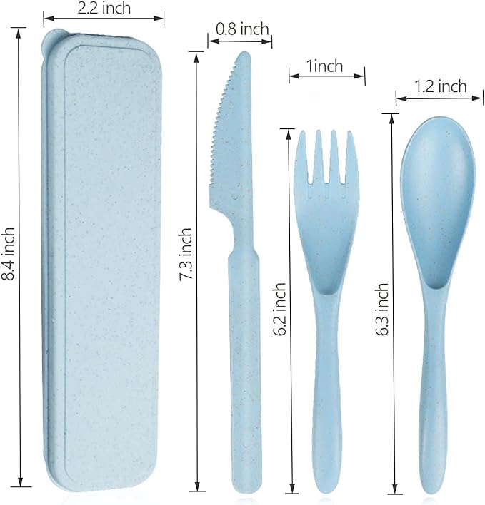 Reusable Travel Utensils Set with Case, Blue Wheat Straw Portable Knife Fork Spoons Tableware, Eco-Friendly BPA Free Cutlery for Kids and Adults as Travel Picnic Camping Utensils