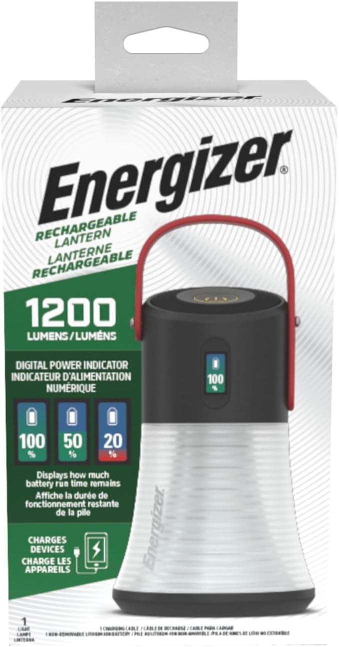 Energizer X1200 Rechargeable LED Lantern, Battery Genius Power Indicator Technology, Rugged IPX4 Water Resistant Lantern for Camping, Hiking, Fishing, Emergency (USB Cable Included)