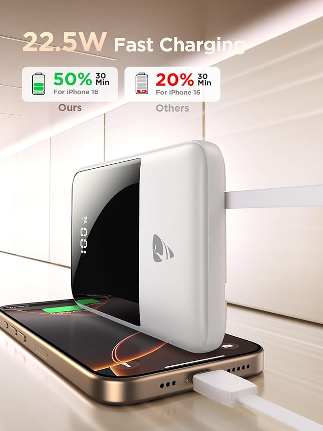 Aioneus Portable Charger, 10000mAh Power Bank 22.5W Fast Charging Portable Charger with Built in Cable Battery Pack USBC Travel Charger for iPhone11 12 13 14 15 16 Samsung Galaxy S24 S23 Android Phone