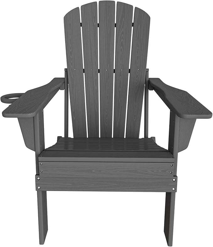 Folding Adirondack Chair, SGS Tested, Wooden Textured with Cup Holder, Heavy All-Weather HDPE Comfortable Set Poolside Backyard Lawn Grey Set 4