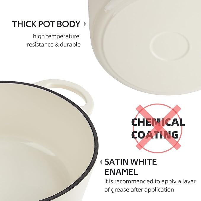 6 Quart Dutch Oven Enameled Cast Iron with Lid - Big Dual Handles - Oven Safe up to 500°F - Classic Round Pot for Versatile Cooking (Cream, 6 QT)