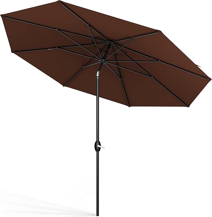 Midtown Umbrellas Sunbrella Umbrella 9 Feet Outdoor Umbrella With Sunbrella Bay Brown Acrylic Fabric - Auto-Tilt Aluminum Frame Patio Umbrella For Backyard, Deck, Garden, Pool - Black Pole