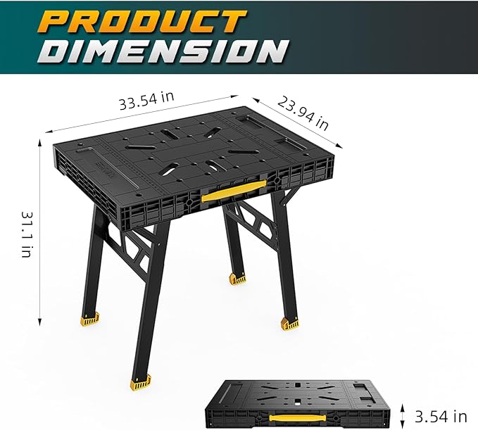 Foldable Work Bench,Easy Step Protable Work Table,34" W x 25" D x 31" H Lightweight Workbench wih 1650 LBS,Work Benches for Garage,Work Bench Suitable for Garage,Workshop and Home (Yellow)