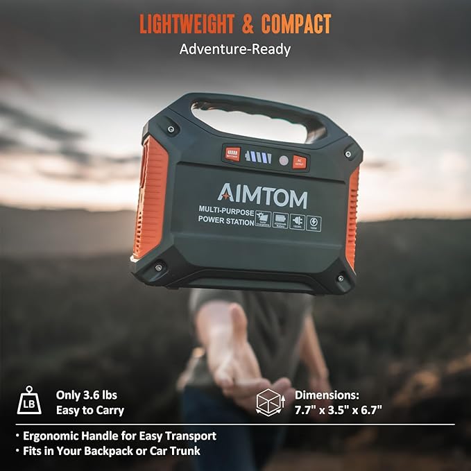 AIMTOM 155Wh Portable Power Station, 42000mAh Lithium Backup Battery with Flashlight, Solar Charging Option – 150W Peak (100W AC), 12V DC, USB & USB-C for Camping, Home, RV, Travel & Digital Nomads