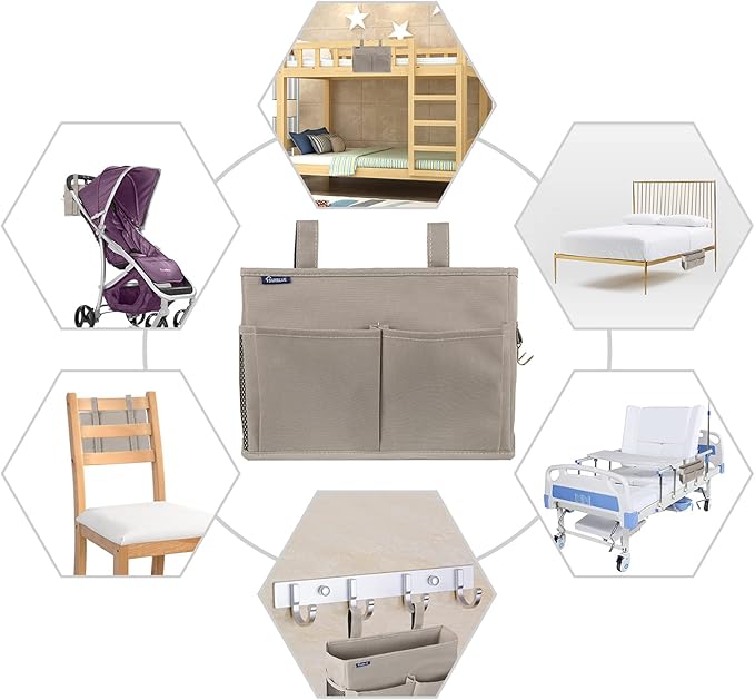 Surblue Bedside Caddy Hanging Bed Organizer Storage Bag Pocket for Bunk and Hospital Beds, College Dorm Rooms Baby Bed Rails,Camp 4 Pockets and 2 Hooks (Gray)