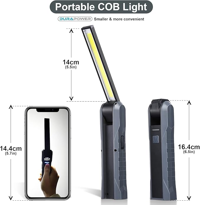 Durapower Rechargeable LED Mechanic Work Light Foldable Magnetic Flashlight Automotive Work Light, Hook, 270º Rotate, Power Indicator for Mechanic, Repair