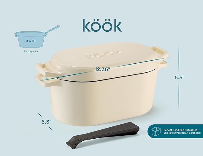 KooK Dutch Oven, for Bread Baking, Sourdough Loaf Pan, with Lid, Dual Handles, Enameled Cast Iron, includes Lid Lever, Dishwasher Safe, 3.4 Qt, Ivory