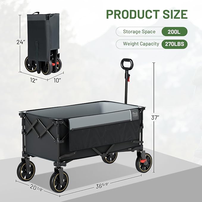 TIMBER RIDGE Collapsible Wagon Cart with Brakes, 200L Large Capacity Compact Portable Easy to Carry Folding Wagon, Utility Grocery Cart for Camping, Gardening, Shopping