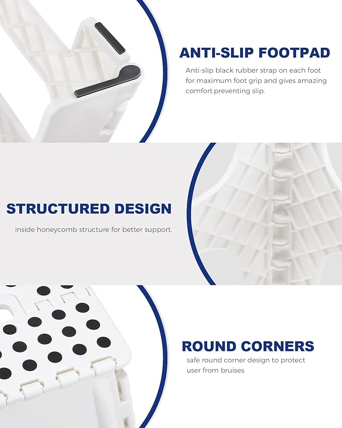 ACKO Folding Step Stool Foldable Step Stools for Kids, 11 Inch Foot Stool Black Plastic Step Stool with Portable Handle Small Stool Hold up to 300lbs for Bathroom, Kitchen White