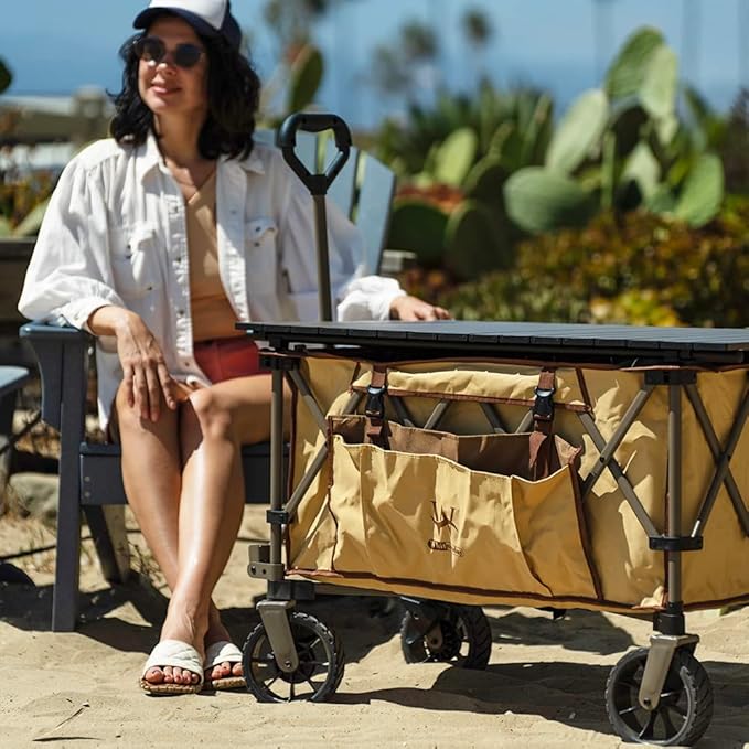 Whitsunday Folding Collapsible Wagon Cart, Beach Heavy Duty Wagon with Table,Utility Grocery Cart for Camping Sports Outdoor Shopping Park Khaki