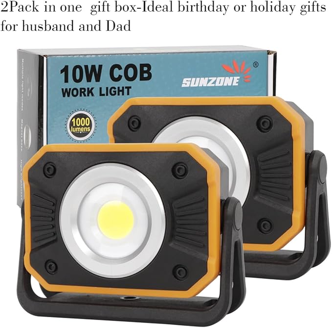 Sunzone Rechargeable LED Work Light,Portable Flood Light with Magnetic Base,Super Bright Waterproof Job Site Lighting for Camping,Hiking,Car Inspection with Emergency Mode(2 Pack)