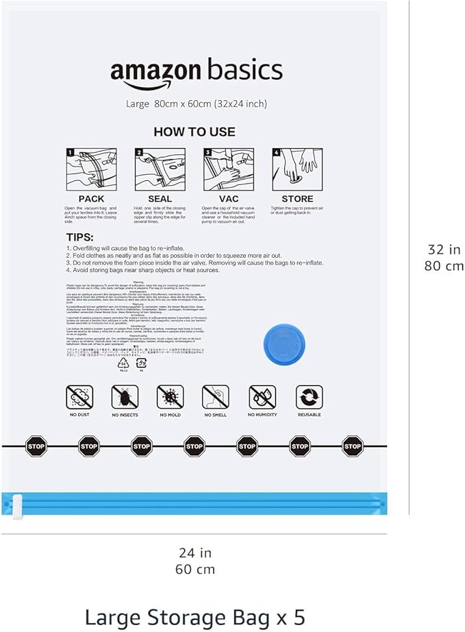 Amazon Basics Vacuum Compression Space Saving Storage Bags with Hand Pump, Large, Pack of 5, Clear