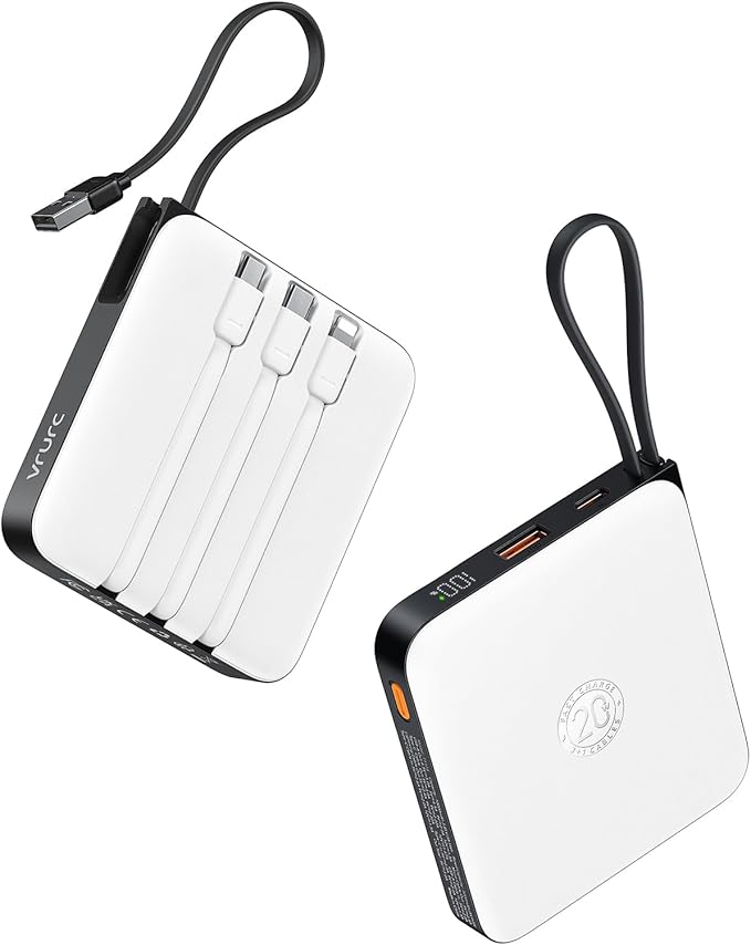 VRURC 20000mAh Portable Charger with Built-in Cables, Travel Essentials, Power Bank PD 20W for iPhone Fast Charging Battery Pack, for iPhone 16 15 14 13 12 11 x Samsung Galaxy Series, White(1 Pack)