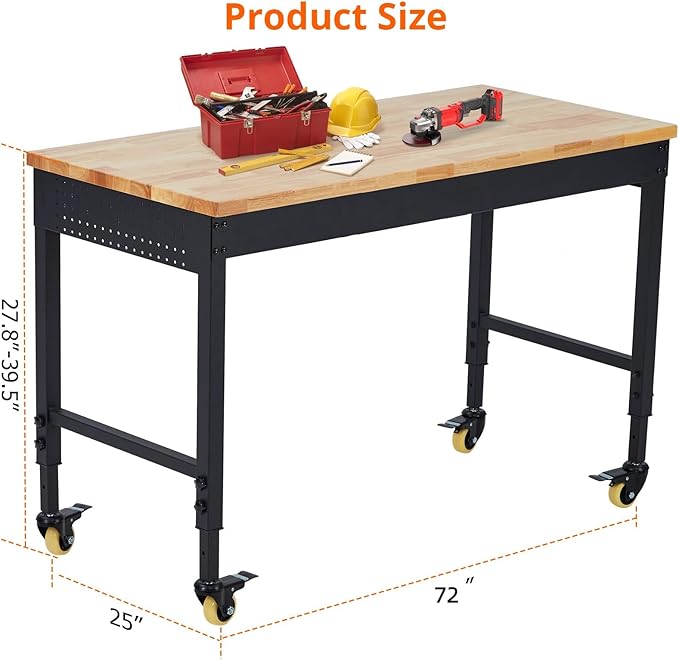 Work Bench 72" Adjustable Height, Heavy-Duty Portable Workbench with Power Outlets for Garage & Workshop, 2000 LBS Load Capacity, Work Table for Office, Home, Easy Assembly