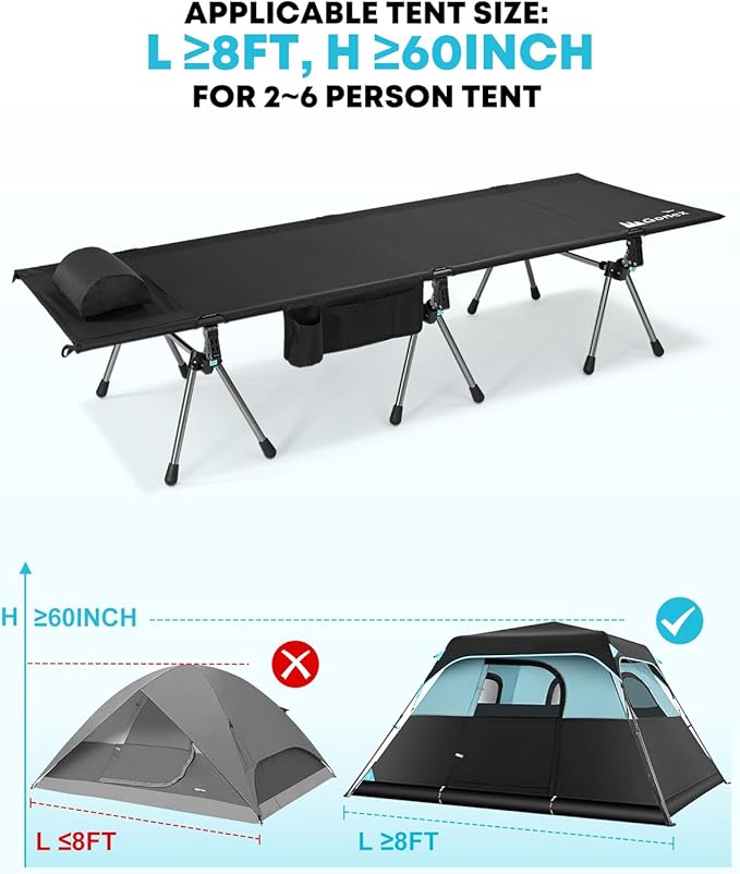 Gonex Camping Cot with Leg Extenders 2 in 1 Portable Ultralight Folding Cot for Adults Adjustable Height Supports 350lbs Sleeping Bed for Backpacking Travel Beach Home 74.8"x27.5"
