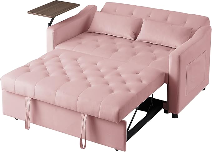 53.15" Convertible Sleeper Sofa Bed with Swivel Table, Adjustable Backrest & Side Pocket, Pull-Out Velvet Loveseat Futon for Small Spaces, Easy Assembly, 3-in-1 Couch Bed for Living Room
