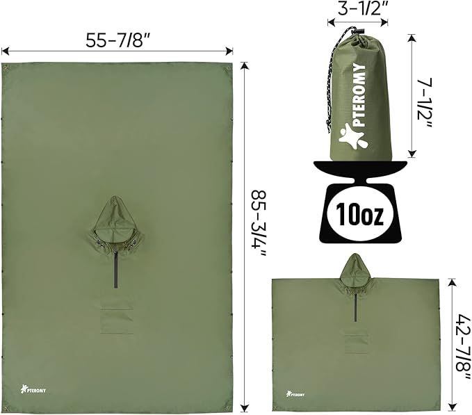 PTEROMY Hooded Rain Poncho for Adult with Pocket, Waterproof Lightweight Unisex Raincoat for Hiking Camping Emergency