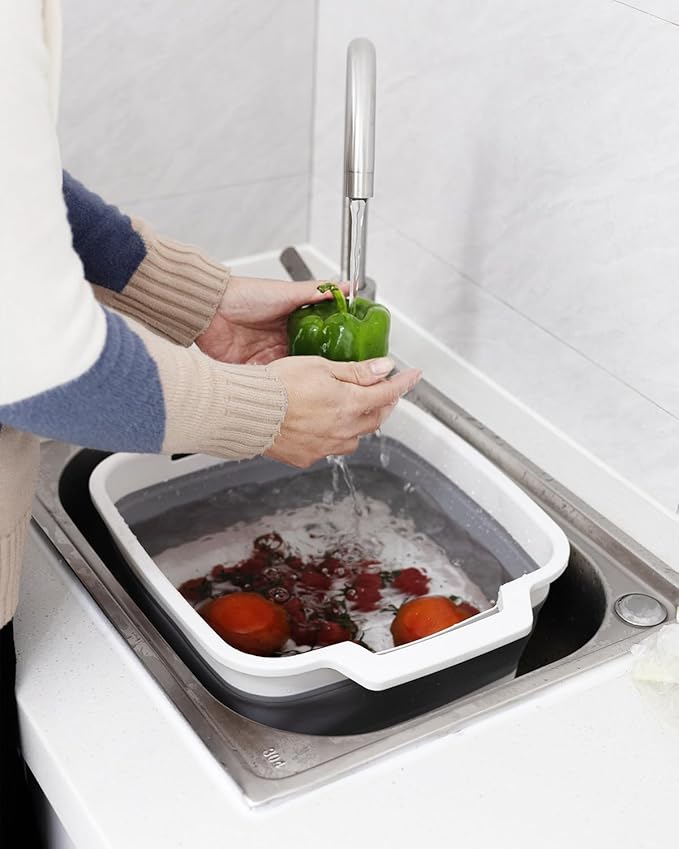 Collapsible Wash Basin with Drain Plug 9L (2.4Gal), Dishpan for Washing Dishes Basin,Collapsible Dish Tub Portable Sink for Kitchen Sink, Camping RV Washing Tub(Gray)