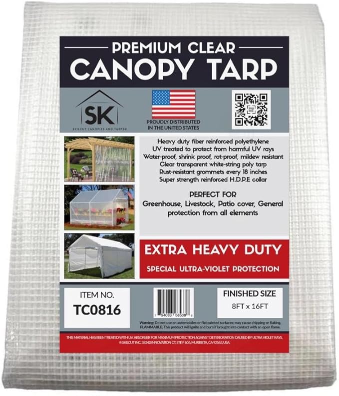 16 Mil Clear Poly Heavy Duty Tarp with Fiber Reinforcement - True Size Tarps with UV Protection, Tear Resistance, Flexibility, Reinforced Corners 8x16