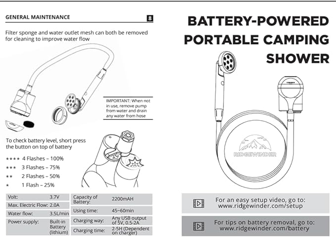 Portable Shower for Camping - Camp Shower with Rechargeable Battery and Included showerhead. Complete Camping Shower Plus Sprayer Attachment