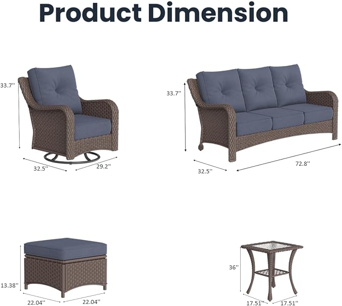 9 Pieces Outdoor Patio Furniture Sets with Rocking Swivel Chairs with 6-inch Thick Cushion and Side Table for Deck Lawn