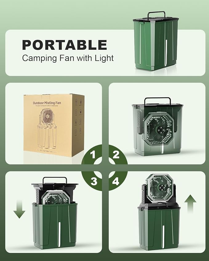 Portable Misting Fan, Rechargeable Outdoor Cooler, Battery Operated Personal Fan with3 Speeds & 8L Bucket for Patio, Camping,Hiking, Backyard, Travel, Desk,Pool, Beach, Green