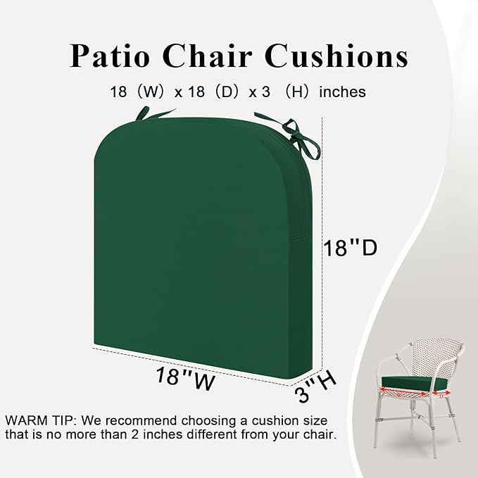 Outdoor Chair Cushions Set of 2, Waterproof Foam Patio Seat Cushions with Ties for Garden Sofa & Dining Furniture, 3-Year Color Fastness, 18x18x3 Inch, Green