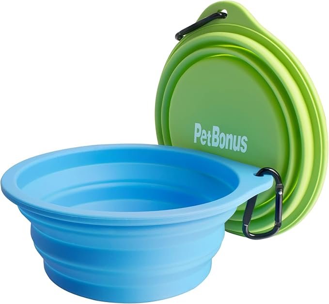 PetBonus 2-Pack Large Silicone Collapsible Dog Bowls, 34oz/1000ml BPA Free Portable Foldable Travel Bowl for Pet Cat, Food Water Feeding Dish for Camping with 2 Carabiners (Light Blue & Green)