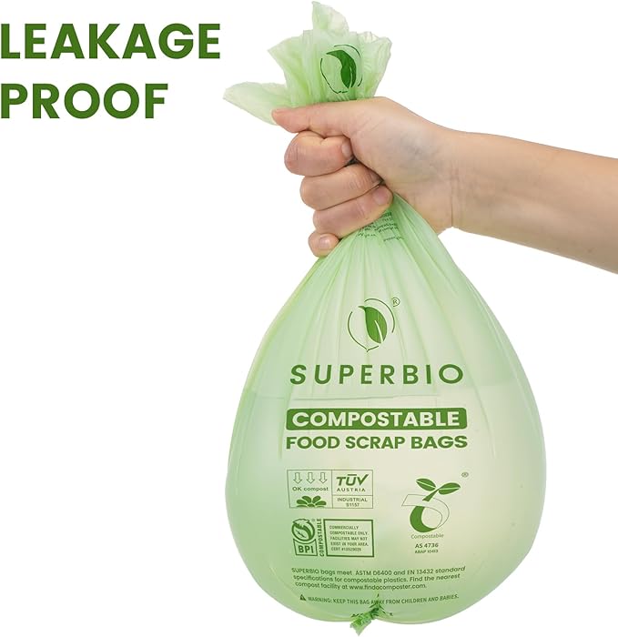 SUPERBIO 2.6 Gallon Compostable Food Waste Bags, 100 Count, 1 Pack, Flat Top Food Scrap Bags, ASTM D6400,Certified by BPI and OK compost INDUSTRIAL,9.84L