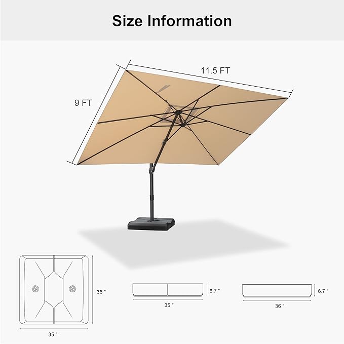 PURPLE LEAF 9' × 11.5' Patio Cantilever Umbrella with Base Outdoor Rectangle Adjustable Offset Umbrellas with 360-degree Rotation and 8 Heavy Duty Metal Ribs for Garden Deck Pool Beige