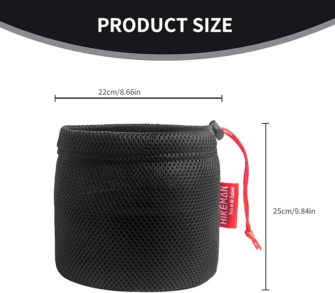 Camping Pot Bag, Camping Cookware Mess Kit Bag, Kitchen Cutlery Organizer with Drawstring, Black Nylon Mesh Outdoor Cookware for BBQ Fishing 22x25cm Pots Storage