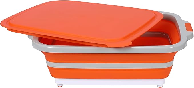BIRDROCK HOME Collapsible XL BBQ Prep Tub w/Cutting Board, Multi-Function Grill Caddy w/Colander & Lid, Portable Silicone Dish Bowl for Picnic, Tailgate, Camping - Orange
