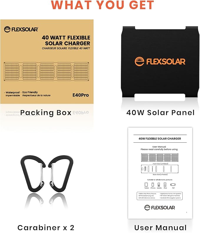 FlexSolar 40W Portable Solar Panel Charger - Upgraded Fast Charging with USB-C PD2.0, QC3.0 & 19V DC for Power Stations, Phones, Power Banks, IP67 Waterproof Foldable for Camping, Hiking, RV
