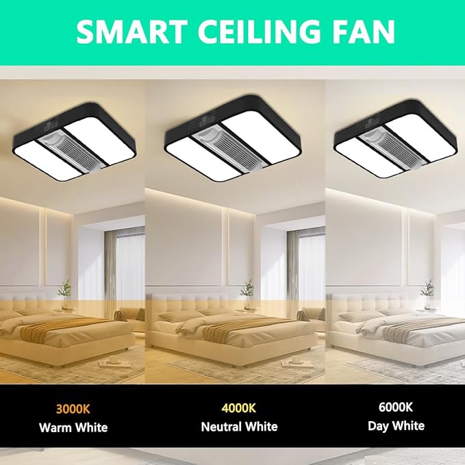 18" Bladeless Ceiling Fan with Light and Remote, LED Low Profile Flush Mount Ceiling Fan with 6 Speed Dimmable, 3000-6000K, Enclosed Modern Ceiling Fans for Bedroom Living Room (Square)