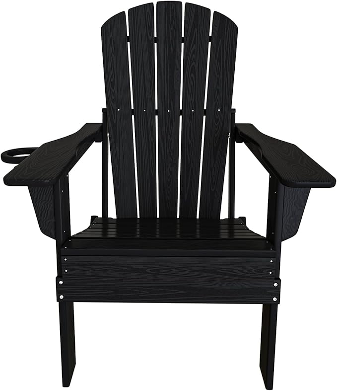 Folding Adirondack Chair Set of 4, Cup Holder,Wooden Textured ,Heavy All-Weather HDPE Comfortable Set Poolside Backyard Lawn Black