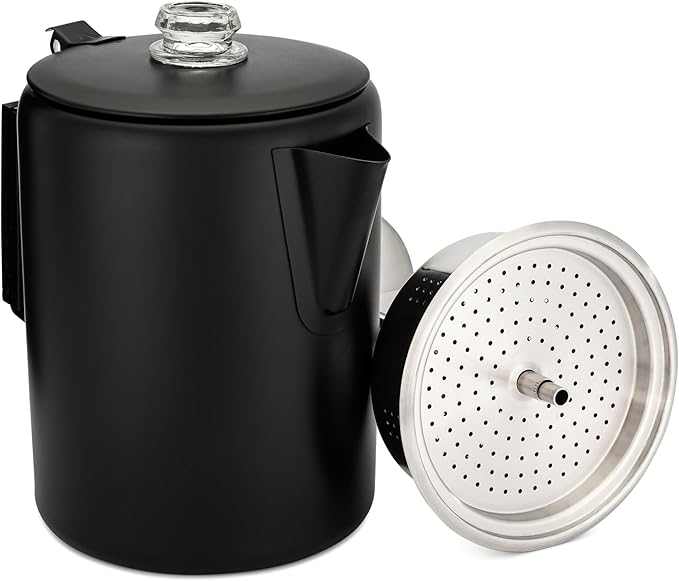 COLETTI Black Bozeman Percolator Coffee Pot — Camping Coffee Pot, Coffee Percolator – America’s Sleekest Percolator – Pure Stainless Steel, NO Aluminum or Plastic (12 Cup)
