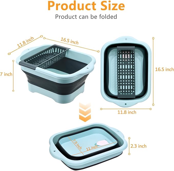 11L(2.91 Gallon) Collapsible Dish Basin with Drain Plug, Space Saving Outdoor Multiuse Foldable Sink Tub, Dishpan, Portable Kitchen Storage Tray for Vegetable Washing, Camping, RV (Green)