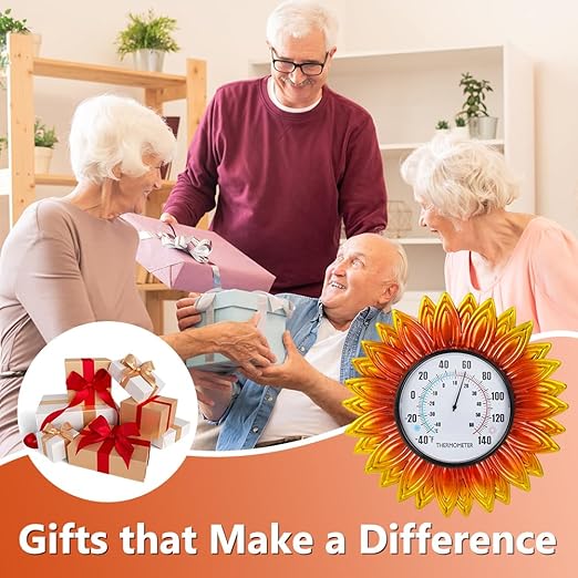 Sunflower Outdoor Thermometer, 12" Metal Wall Themometer, No Need Battery Indoor Thermometer with Large Number Easy to Read for Patio Room Decor