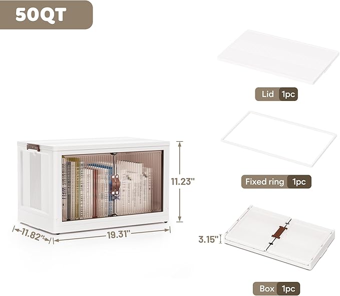 JONZEN 48Qt Stackable Storage Bins with Lid, 12GAL Collapsible Storage Bins with Wheels, Closet Organizer and Storage Drawer, Plastic Clothes Storage Cabinet Containers for Home, 1Pack Cream White