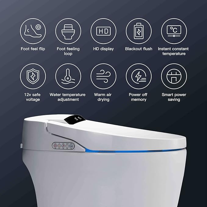 Smart Toilet, One Piece Bidet Toilet for Bathrooms, Toilets with Warm Water Sprayer & Dryer, Foot Sensor Operation, Heated Bidet Seat, Tankless Toilets with Fahrenheit LED Display