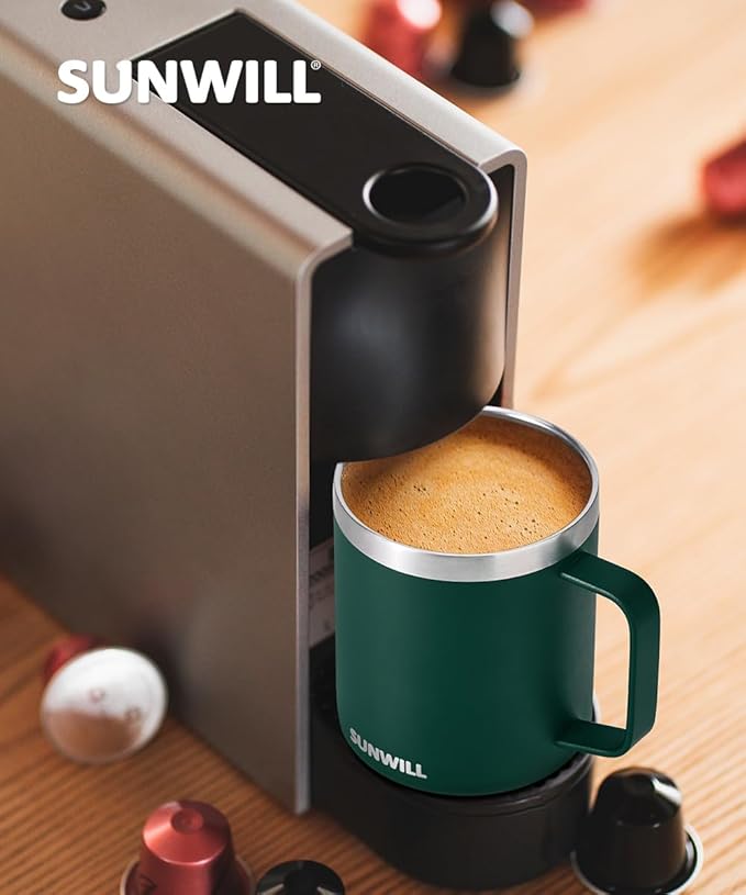 SUNWILL Travel Coffee Mug with Lid, Insulated Cup with Handle, 14 oz Stainless Steel Tumbler for Camping, Office, Outdoor, Powder Coated Forest Green