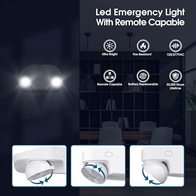 Led Emergency Light with Remote Capable, Adjustable LED Lamp Heads Exit Lighting, Backup Battery White Emergency Lights, 120V-277V Dual Voltage, UL Certified (6 Pack)