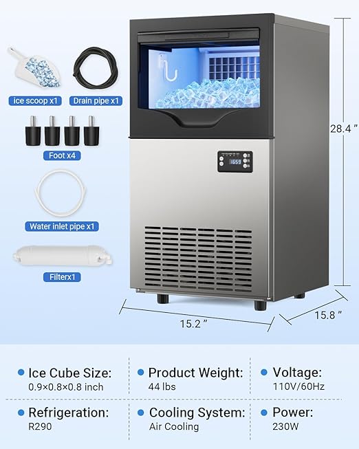 Commercial Ice Maker Machine, 120lbs/24H Under Counter Ice Maker, 22~33Lbs Stainless Steel Storage Capacity, 12 Adjustable Thickness Settings, Self-Cleaning, Ideal for Home, Cafe, Bar, Clinic (120LBS)
