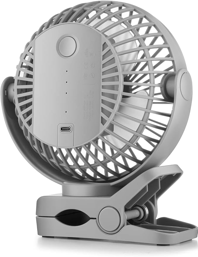 Viniper 6 inch Rechargeable Clip on Fan, 5000mah Battery Desk Fan : 360° Rotation & 3 Speeds Strong Wind Portable Fan, 8-30 Working Hours, Quiet and Powerful (Gray)