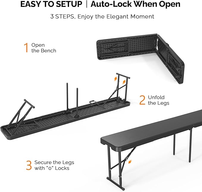 VINGLI 6 feet Plastic Folding Bench,Portable in/Outdoor Picnic Party Camping Dining Seat, Garden Soccer Multipurpose Entertaining Activities, Tree Patterned HDPE Tabletop, 1 Pack, Black